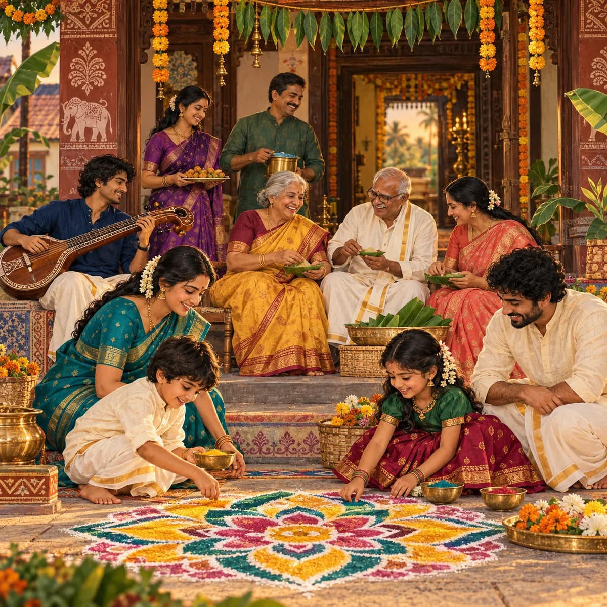 An intergenerational Telugu family preparing for a cultural celebration