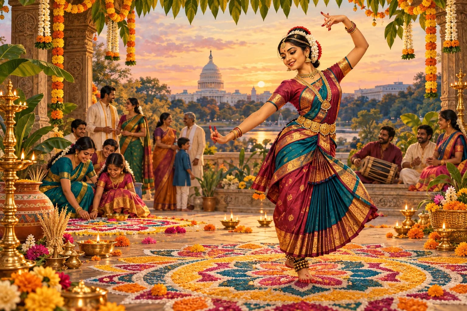 Telugu families celebrating with Kuchipudi dance and rangoli near the US Capitol